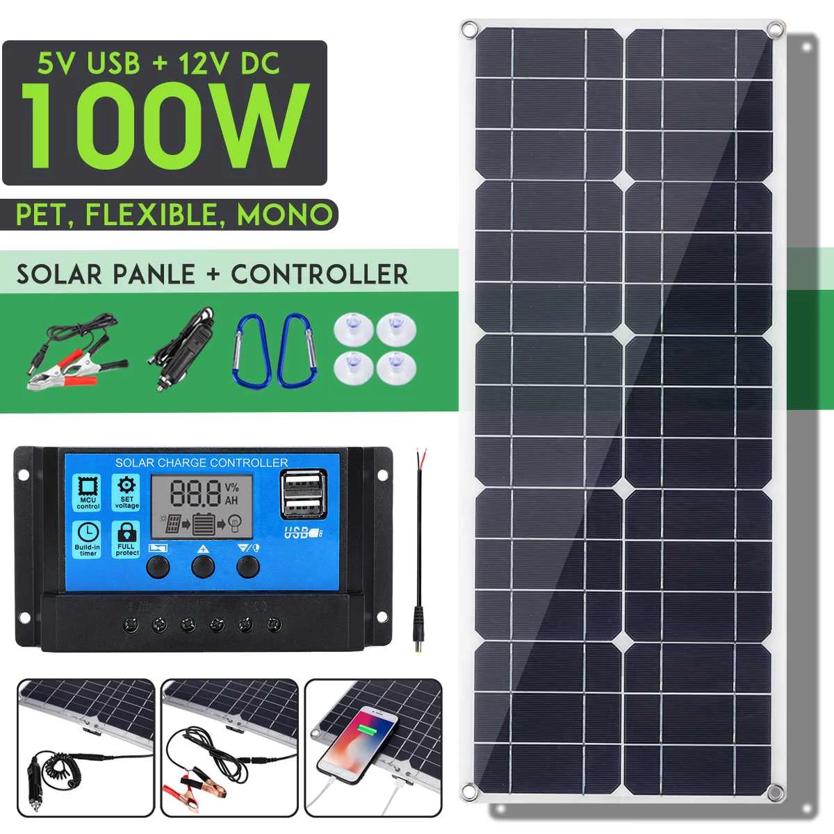 100W 18V MonocrystalineSolar Panel Dual 12V/5V DC USB Charger Kit with 10A Solar Controller & Cables
100W 18V MonocrystalineSolar Panel Dual 12V/5V DC USB Charger Kit with 10A Solar Controller & Cables