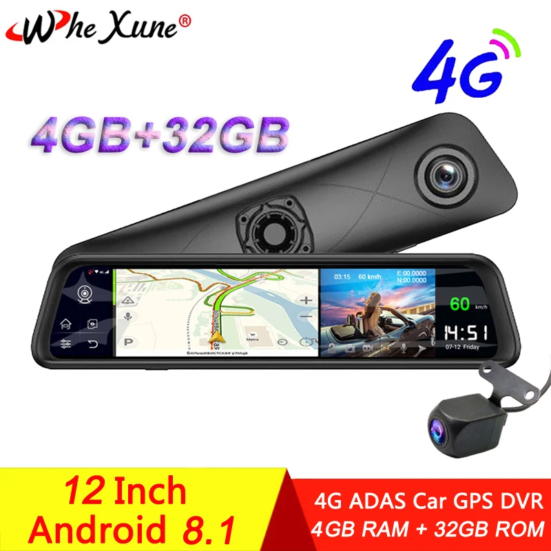 

WHEXUNE 4G Wifi Car Dvr Camera Android 8.1 Dash Cam 12" Rearview Mirror Video Recorder Full HD 1080P with GPS Navigation ADAS