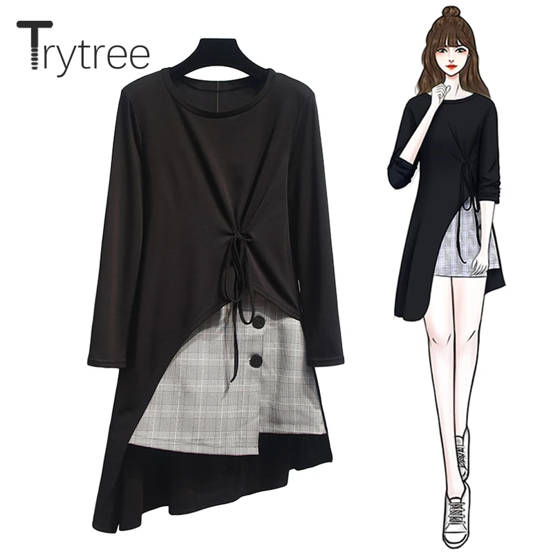 Trytree Autumn Women two piece set Casual O-Neck Black Split Hem Long Top + Skirt Plaid Button Mini Office Lady Suit 2 Piece Set 
Trytree Autumn Women two piece set Casual O-Neck Black Split Hem Long Top + Skirt Plaid Button Mini Office Lady Suit 2 Piece Set