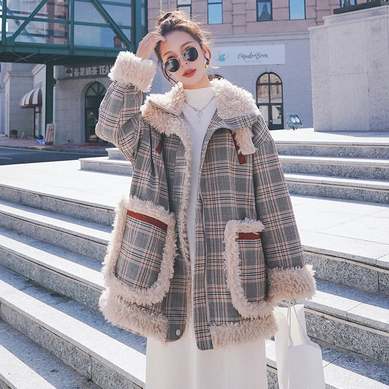 Women Woolen Jacket Winter Korean Mid-Length Lamb Wool Warmth Stitching Plaid Loose Big Pocket Coat