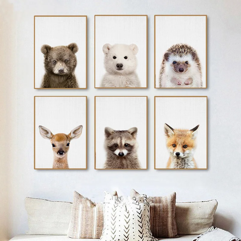 

Baby Polar Bear Deer Fox Hedgehog Prints Woodland Nursery Animal Wall Art Kids Room Large Canvas Painting Decoration Pictures