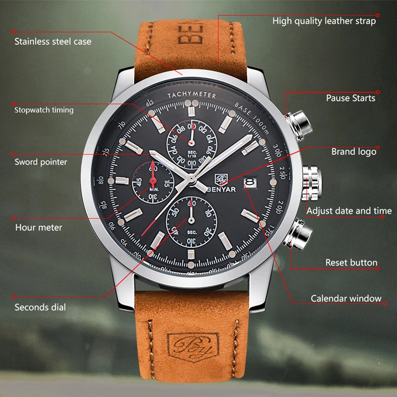 BENYAR часы мужские роскошные брендовые кварцевые модные с хронографом Reloj Hombre