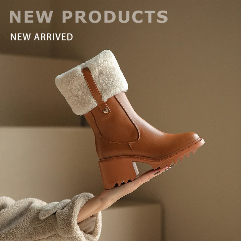 

MEZEREON Snow Boots Cow Leather Women Winter Shoes Warm Inside Platform Boots With Med Heel 7 CM Botines Botas Feminino