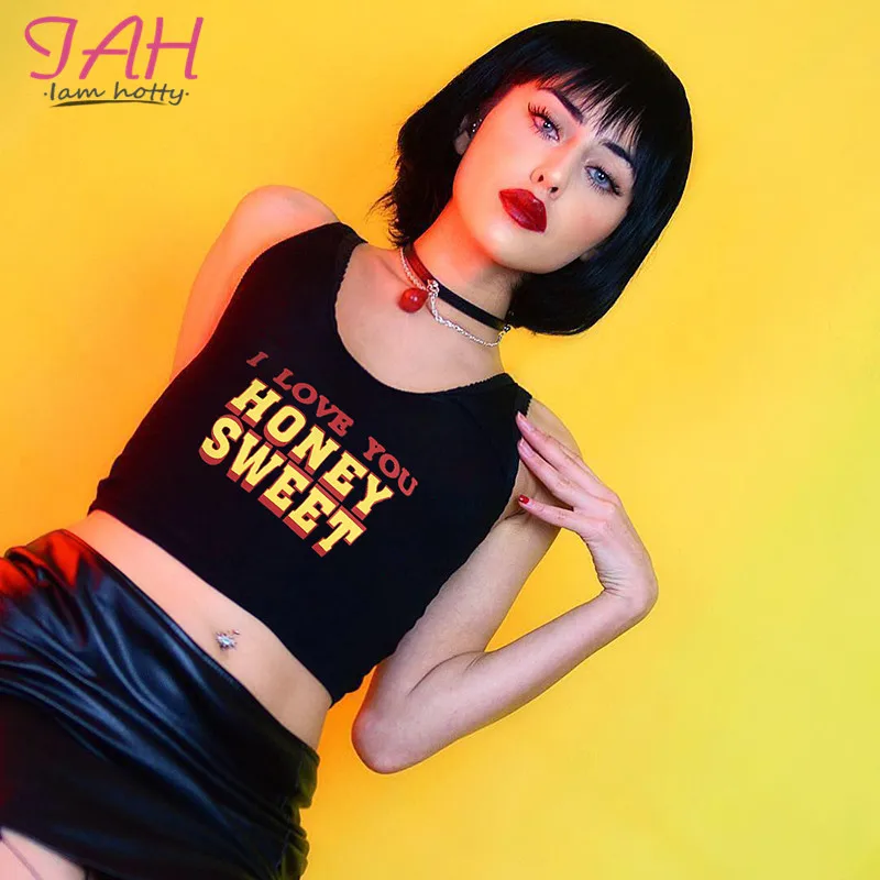 Iamhotty Black Tank Tops Women Letter Printed Floral Sweet Strapy Square Collar Sleeveless Short Vest 
Iamhotty Black Tank Tops Women Letter Printed Floral Sweet Strapy Square Collar Sleeveless Short Vest