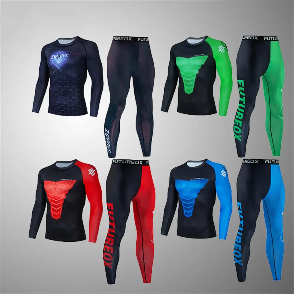 

Men's Muay Thai Men MMA Kickboxing Sport Suit BJJ Rashguard T Shirts Rash Guard Fitness Tracksuit Boxing Jersey Running Set 17