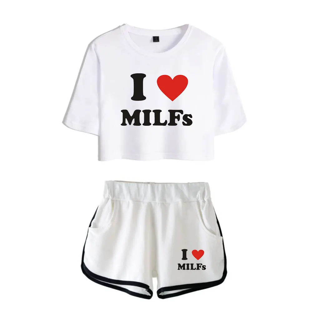 Фото WAWNI I Love MILFs Short Sleeve Set Fashion Navel Two Piece Suit Mother's Day Funny Heart Husband joke 2 Pieces Sets New | Женская