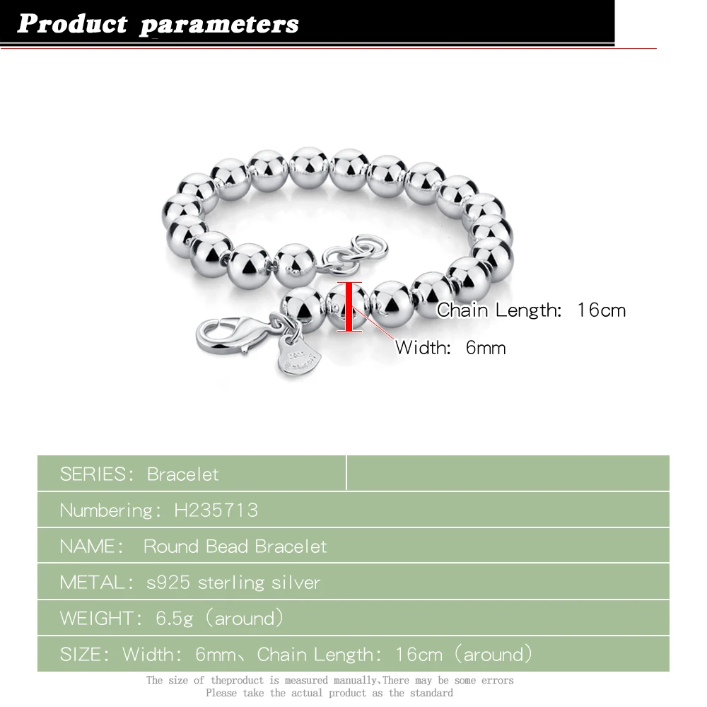 women's 925 sterling silver bracelet simple style beaded chain Solid silver not fade 6mm16-20cm size charm female Accessories women's 925 sterling silver bracelet simple style beaded chain Solid silver not fade 6mm16-20cm size charm female Accessories