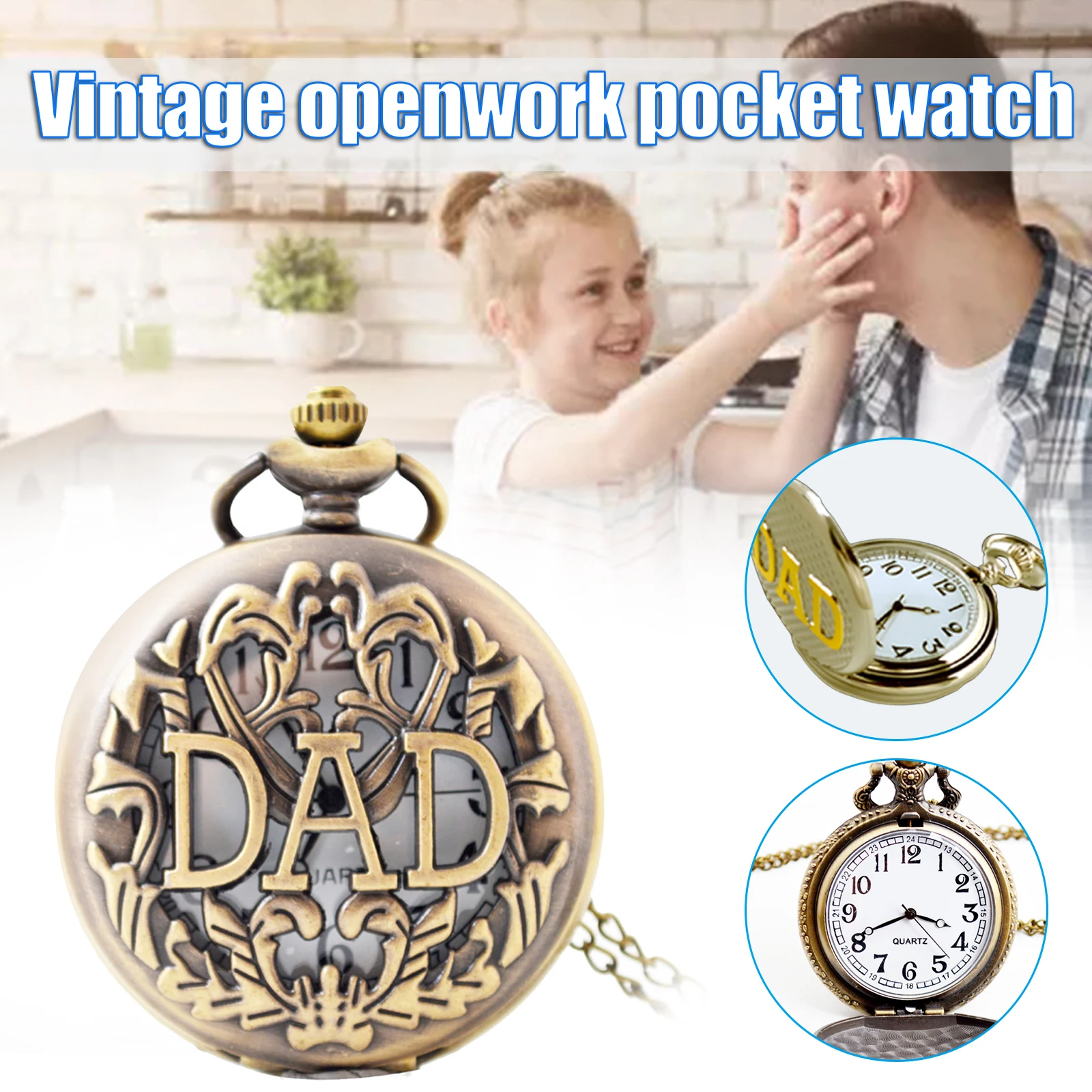 

Father's Day DAD Retro Hollow Clamshell Quartz Pocket Watch Built-in Button Battery 377