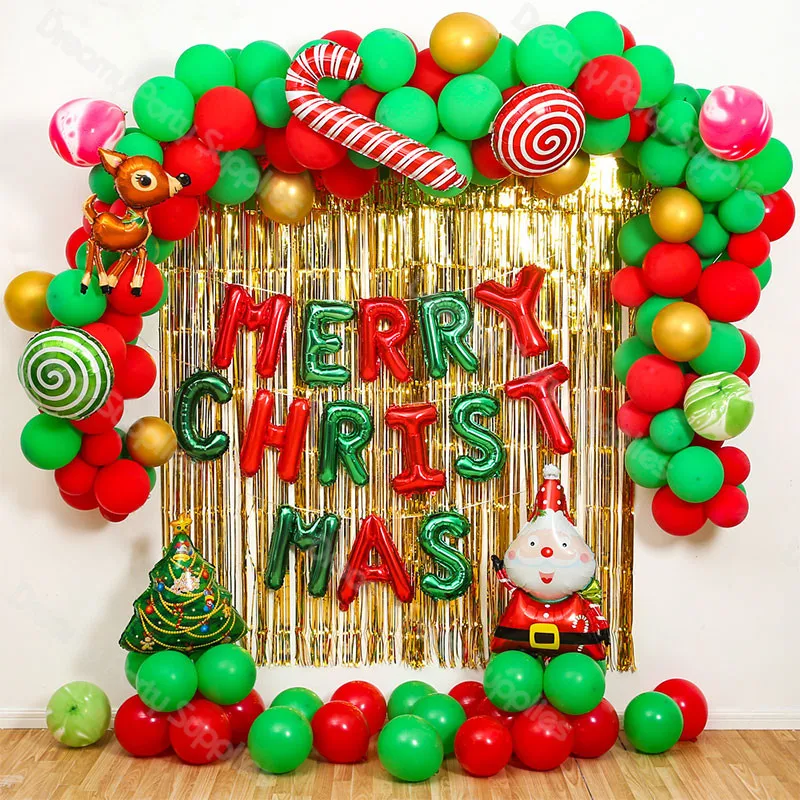 Фото Christmas Balloons Garland Arch Gold Curtain Santa Claus and Trees Elk Balloon Kit Party Decor | Дом и сад