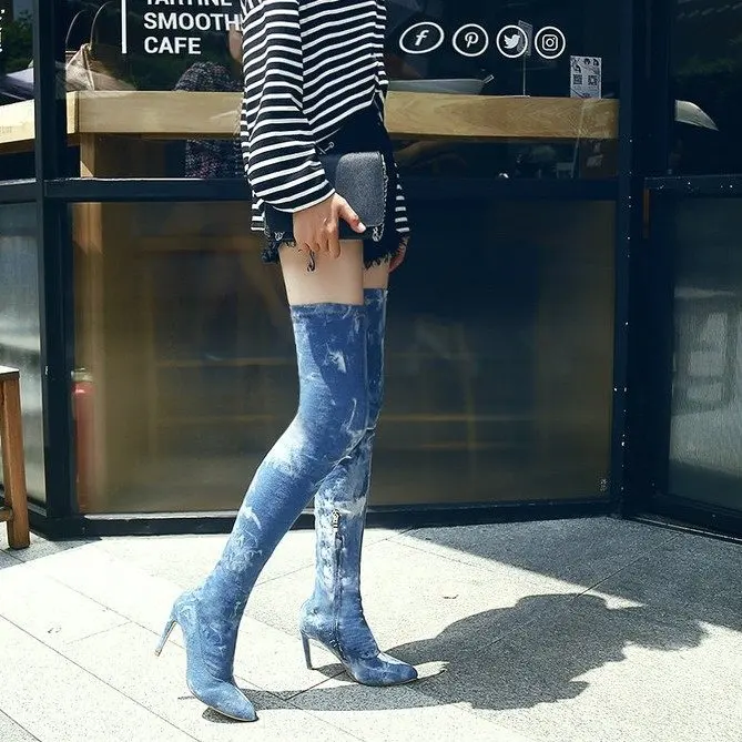 Ozhouzhan 2018 Spring And Autumn New Style Denim Retro Women's Boots Pointed Toe Thin Heeled Boots Women's over-the-Knee Stretch
Ozhouzhan 2018 Spring And Autumn New Style Denim Retro Women's Boots Pointed Toe Thin Heeled Boots Women's over-the-Knee Stretch