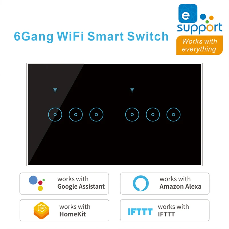 

4Gang 5Gang 6Gand universal smart wifi touch switch wall light switch support alexa google home voice control 95-240VAC