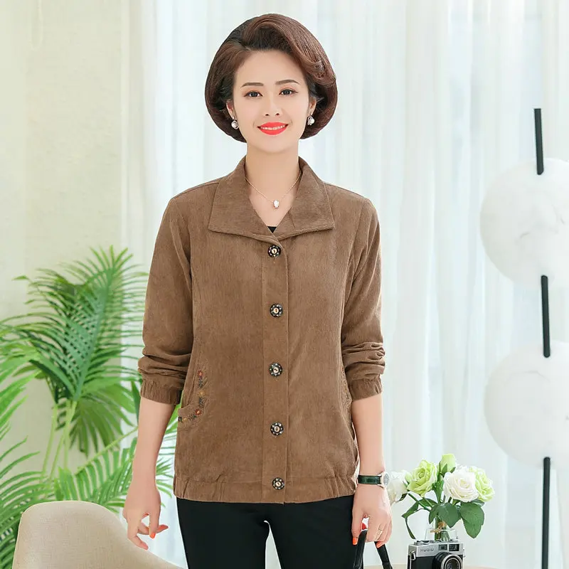 Spring Woman Corduroy Coat Burgundy Khaki Turn Down Collar Button Front Flower Embroidery Pockets Design Jackets Mature Women
Spring Woman Corduroy Coat Burgundy Khaki Turn Down Collar Button Front Flower Embroidery Pockets Design Jackets Mature Women