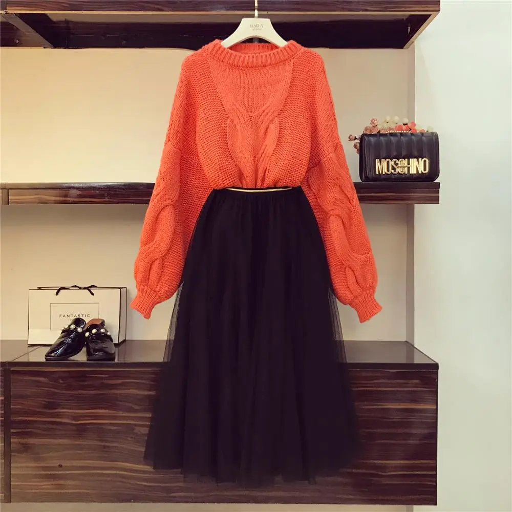 Knit Puff Sleeve Loose Twisted sweater Jacket Tops+Elastic High Waist Mesh Ball Gown Skirts Women Autumn Winter 2 Pieces Sets
Knit Puff Sleeve Loose Twisted sweater Jacket Tops+Elastic High Waist Mesh Ball Gown Skirts Women Autumn Winter 2 Pieces Sets