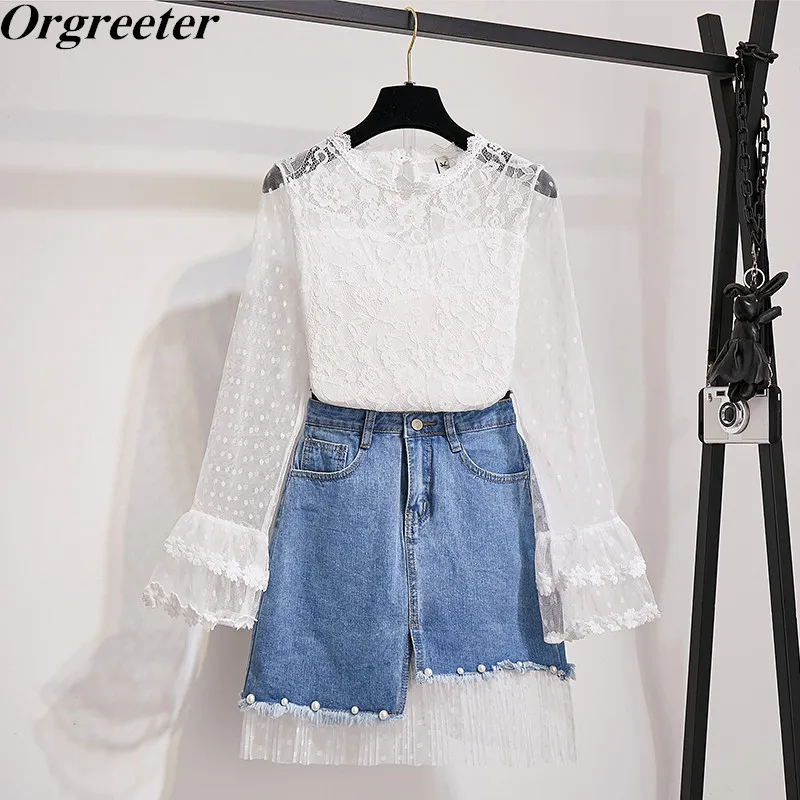 Newest Women's Outfits 2019 Autumn Sexy See though White Lace Blouse Tops And Beaded Mesh Hem Patchwork Denim Mini Skirt Sets
Newest Women's Outfits 2019 Autumn Sexy See though White Lace Blouse Tops And Beaded Mesh Hem Patchwork Denim Mini Skirt Sets