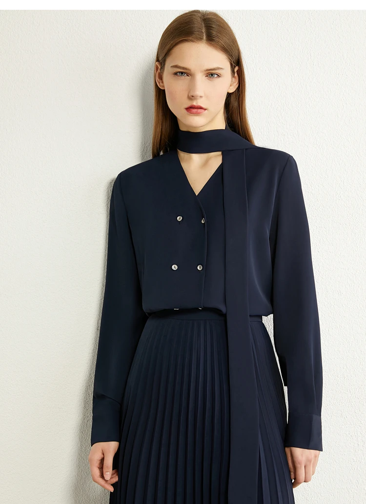 AMII Minimalism Autumn Olstyle Set Fashion Bow Neck Full Sleeve Loose Women Shirt High Waist Pleated Female Skirt 12040337