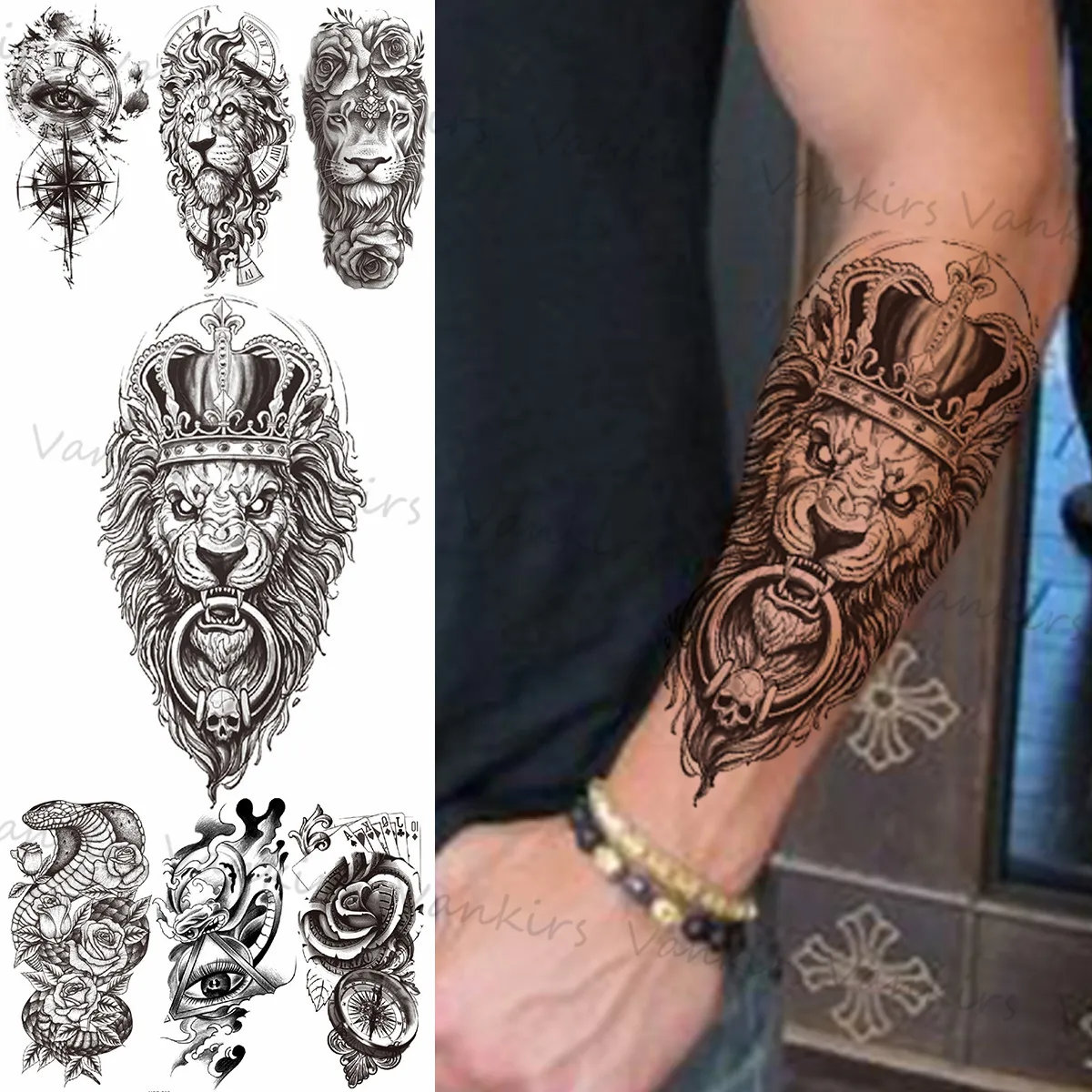 

Black Lion Skull Temporary Tattoos For Women Men Snake Compass Rose Flower Solitaire Fake Tattoo Sticker Arm And Leg Tatoos 3D
