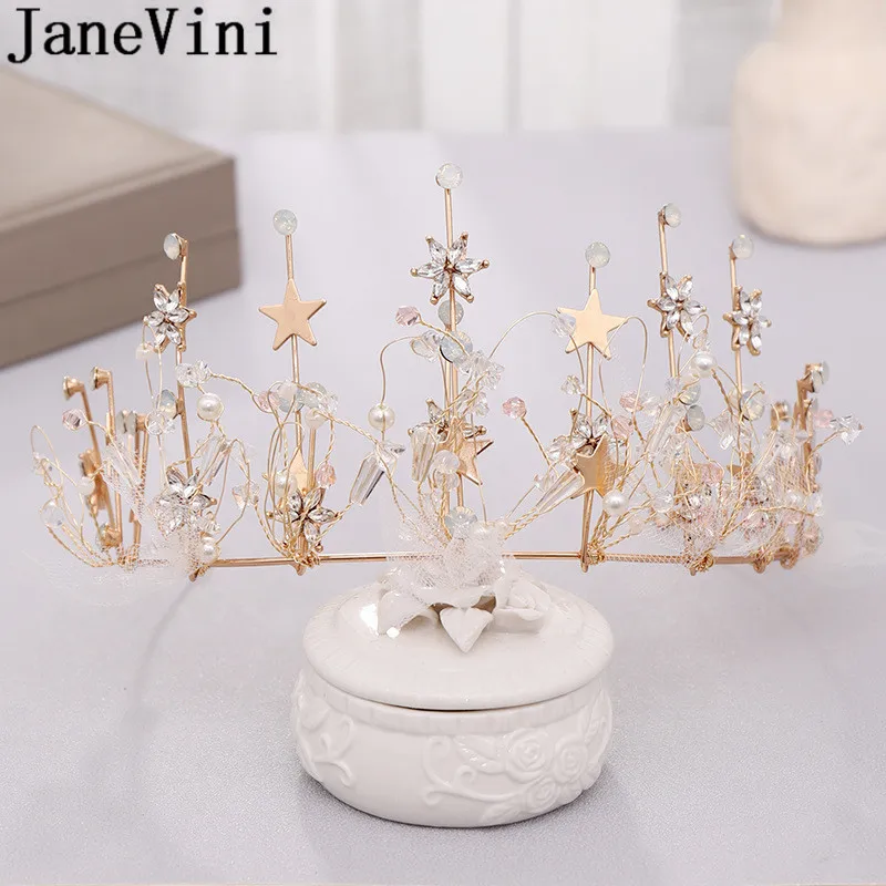 

JaneVini Gold Stars Crystal Bride Tiaras Crowns Baroque Pearls Hair Jewelry Bridal Headband Bling Rhinestone Wedding Headpieces