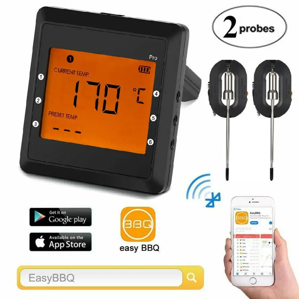 Digital Meat Thermometer, APP Controlled Wireless Bluetooth Smart BBQ Thermometer w/ 2 Stainless Steel Probes, Large LCD Display
Digital Meat Thermometer, APP Controlled Wireless Bluetooth Smart BBQ Thermometer w/ 2 Stainless Steel Probes, Large LCD Display