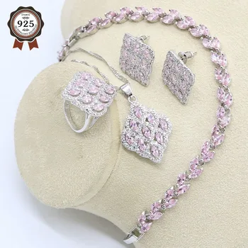 Pink Zircon Silver Color Jewelry Set for Women Bracelet Stud Earrings Necklace Pendant Ring Gift Box
Pink Zircon Silver Color Jewelry Set for Women Bracelet Stud Earrings Necklace Pendant Ring Gift Box