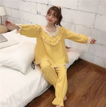 Autumn New Cute Pajamas Two-piece Long-sleeve Ruffle Round Neck Stitching Pyjamas Sweet Loose Bow Casual Home Nightwear Women 
Autumn New Cute Pajamas Two-piece Long-sleeve Ruffle Round Neck Stitching Pyjamas Sweet Loose Bow Casual Home Nightwear Women