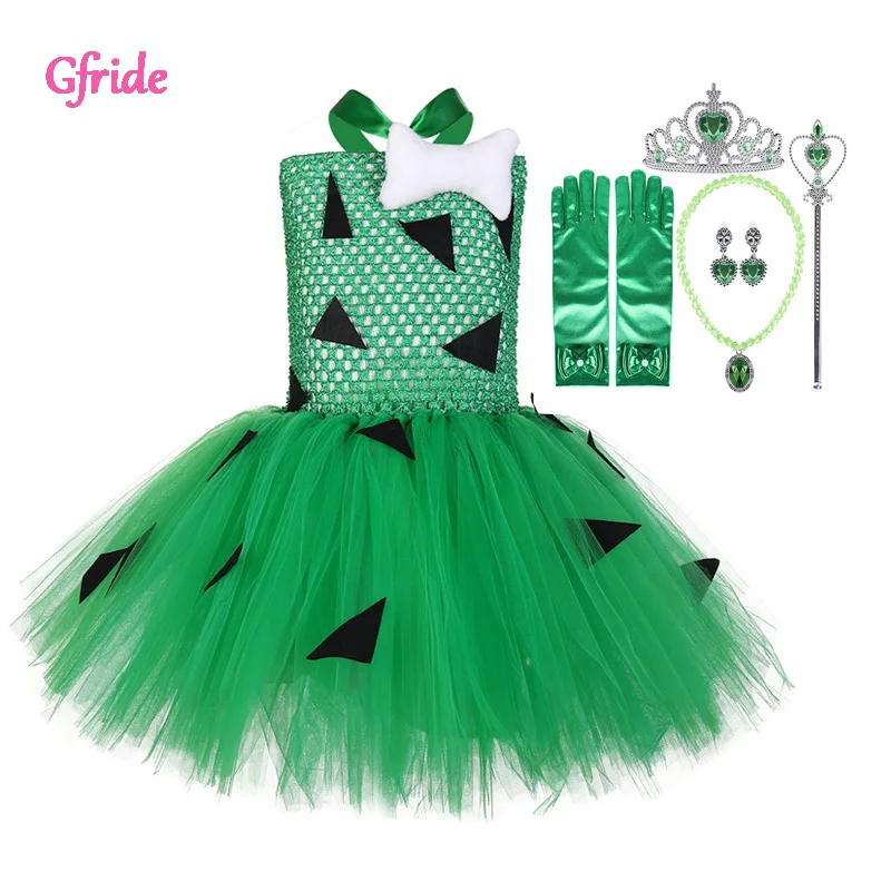 

girls Green Halloween Fancy Dress with grown wands for Kids Pebbles Flintstones Bone Dog Bone Cosplay Party Clothing Costume