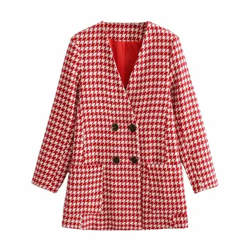 Vomvoa Women's Elegant Houndstooth Plaid Blazer Long Sleeve Pocket Red Coat Women's Office Wear Stylish Loose Double-Breasted Ca
Vomvoa Women's Elegant Houndstooth Plaid Blazer Long Sleeve Pocket Red Coat Women's Office Wear Stylish Loose Double-Breasted Ca