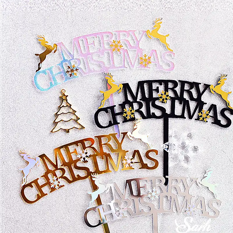 gold laser elk merry christmas cake toppers fake snowflake decor