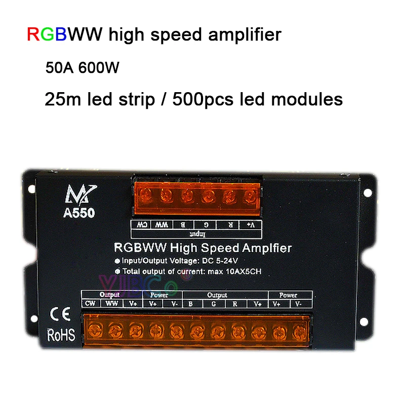 RGBWW high speed amplifier DC5~24V 10A*5CH Power Repeater controller for 5 in 1 RGBWW CW led strip light led modules
RGBWW high speed amplifier DC5~24V 10A*5CH Power Repeater controller for 5 in 1 RGBWW CW led strip light led modules