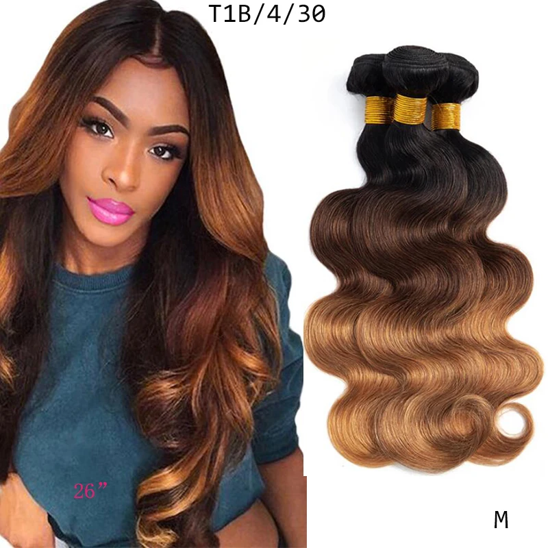 DreamDiana Ombre Brazilian Body Wave 3 Bundles 1B/4/30 99J Brown 2/3 Tone Pre Colored Remy Human Hair Blond M | Шиньоны и парики