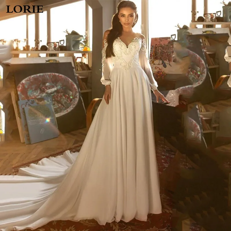 LORIE Chiffon Boho Wedding Dresses A Line Lace Bride Gown Puff Sleeve Nude Mesh Wedding Gown Illusion Back Vestido de novia 2019
LORIE Chiffon Boho Wedding Dresses A Line Lace Bride Gown Puff Sleeve Nude Mesh Wedding Gown Illusion Back Vestido de novia 2019