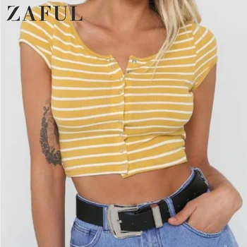 

ZAFUL Striped Ribbed Cropped Top navel top Snap Button Form Fit Fitted Casual tops Scoop Neck Women Basic Short Tee Summer2020