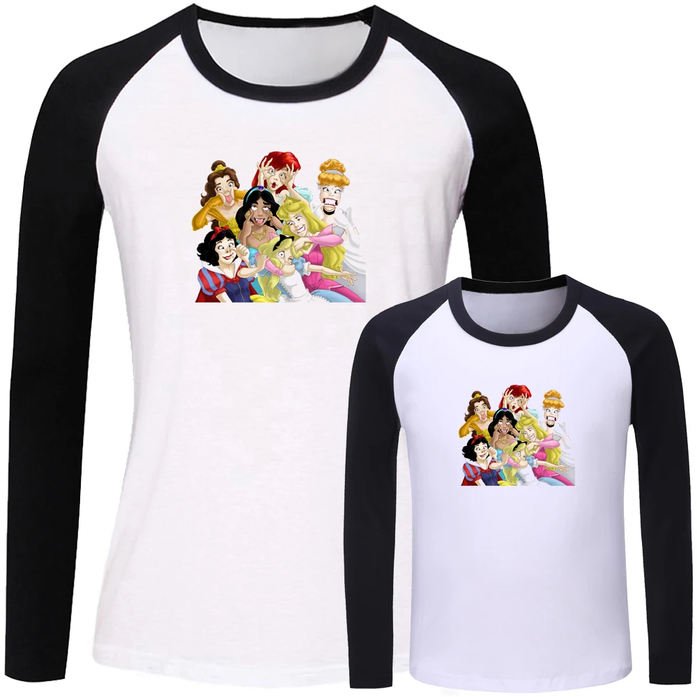 

Princess Snow White Cinderella Design Matching Family Outfits T-shirt Mom Daughter Long Sleeve Tee Women Girl Printed Tops Gift