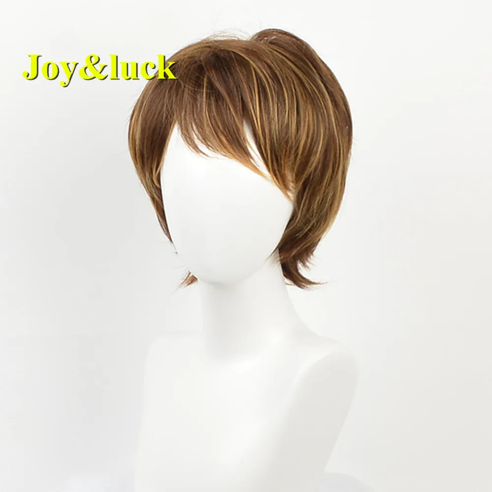 

Joy&luck Short Wig Brown Mix Blonde Natural Straight Synthetic Wigs for Women Full Wigs With Bangs Hair Wigs Cosplay or Daily