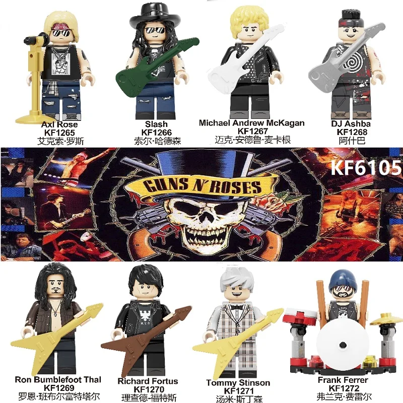 50Pcs Building Blocks Rock Band Guns N' Roses Axl Rose DJ Ashba Tommy Stinson Frank Ferrer Dolls Bricks Figures Kids Toys KF6105
50Pcs Building Blocks Rock Band Guns N' Roses Axl Rose DJ Ashba Tommy Stinson Frank Ferrer Dolls Bricks Figures Kids Toys KF6105