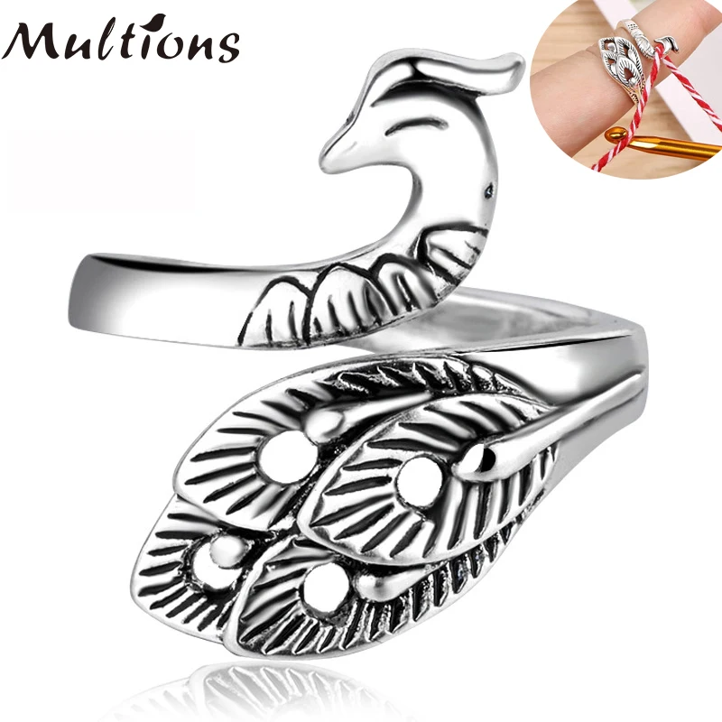 

Thai Silver Adjustable Peacock Knitting Loop Ring For Women Gold Silver 2 color Crochet Loop Ring Knitting Accessories