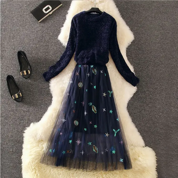 Knit Solid Long Sleeve Jumper Sweaters Tops+Sequined Embroidery Stars Ruched Elastic High Waist Mesh Skirts Women Autumn Sets
Knit Solid Long Sleeve Jumper Sweaters Tops+Sequined Embroidery Stars Ruched Elastic High Waist Mesh Skirts Women Autumn Sets