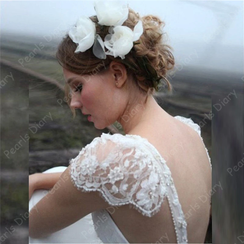 Delicate-A-line-Lace-Chiffon-Bridal-Gowns-2020-Fashion-V-neck-Cap-Sleeve-Backless-Bow-Sweep