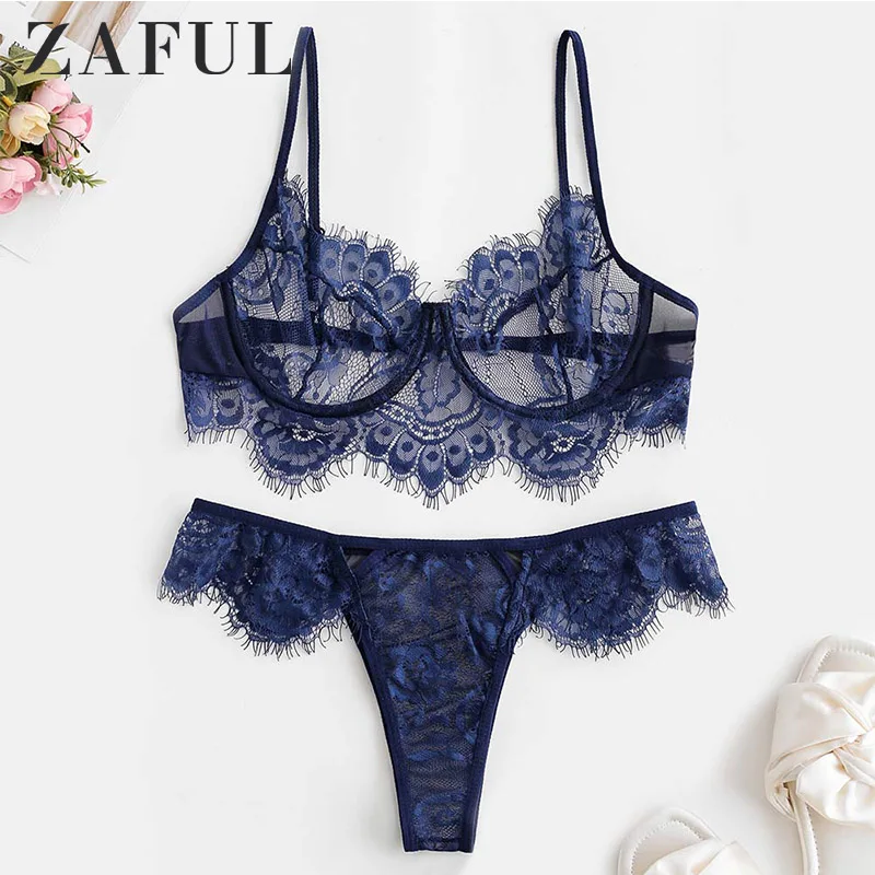 

ZAFUL Lace Eyelash Underwire Scalloped Lingerie Set Sheer Hollow Out Adjusted-straps Back Closure Sexy Full Cup Lingerie Set