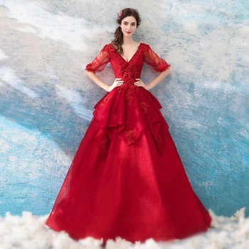 Evening Dress Burgundy Beading Lace A-Line Long Elegant Dresses V-Neck Half Sleeve Party Gowns Appliques Vestido De Festa LX851 
Evening Dress Burgundy Beading Lace A-Line Long Elegant Dresses V-Neck Half Sleeve Party Gowns Appliques Vestido De Festa LX851