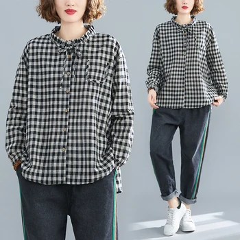 COIGARSAM Shirt Womens tops New Spring Cotton Linen Full Sleeve Women shirts Black White Plaid 8950
COIGARSAM Shirt Womens tops New Spring Cotton Linen Full Sleeve Women shirts Black White Plaid 8950