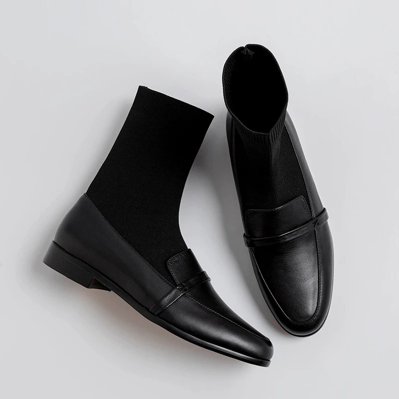 Women's Genuine Leather Stretch Knitting Patchwork Slip-on Flats Ankle Boots Autumn Comfortable Booties High Quality Shoes Women
Women's Genuine Leather Stretch Knitting Patchwork Slip-on Flats Ankle Boots Autumn Comfortable Booties High Quality Shoes Women