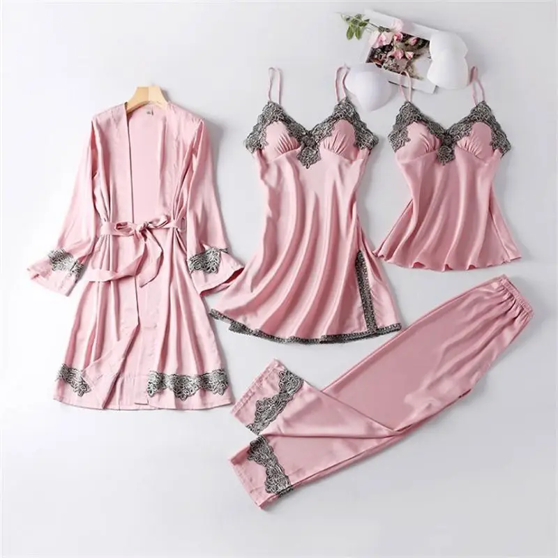New 4 Pieces Women Pajamas Sets Faux Silk Pajamas Sleepwear Sets Elegant Sexy Lace Fashion Homewear
New 4 Pieces Women Pajamas Sets Faux Silk Pajamas Sleepwear Sets Elegant Sexy Lace Fashion Homewear
