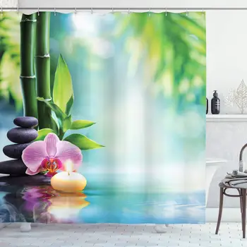 

Spa Shower Curtain, Symbolic Spa Features with Candle and Bamboos Tranquil and Thoughtful Life Nature Print, Cloth Fabric