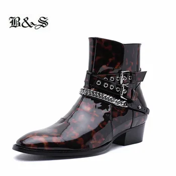 

Black&Street exclusive designer brand wine red patent leather steel Chain Men luxury Ankle Boots handmade pionted toe botas