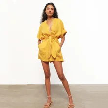 Casual Summer Hoffman Playsuit Women Short Sleeve Wide Leg Yellow Romper Fashion Loose High Waist Wrap Belt Linen Jumpsuits
Casual Summer Hoffman Playsuit Women Short Sleeve Wide Leg Yellow Romper Fashion Loose High Waist Wrap Belt Linen Jumpsuits