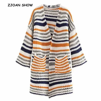 2019 New Flare Sleeve Knitting Colored Striped Cardigan Sweater Orange Women Autumn V neck Double pockets Jumper Loose Knitwear 
2019 New Flare Sleeve Knitting Colored Striped Cardigan Sweater Orange Women Autumn V neck Double pockets Jumper Loose Knitwear