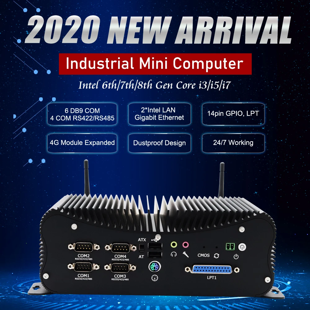 

Industrial Fanless Mini PC Intel i5-8250U i7-6567U Rugged Computer 6*COM 2*Lans 8*USB GPIO LPT PS/2 HDMI VGA 4G WiFi Watch Dog