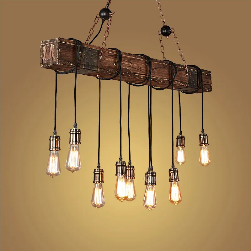 

10 Heads Wood Vintage Lamp Loft Style Industrial Pendant Light Fixtures Bar Coffe Edison Retro Pendant Lights LED Lampe 110-240v