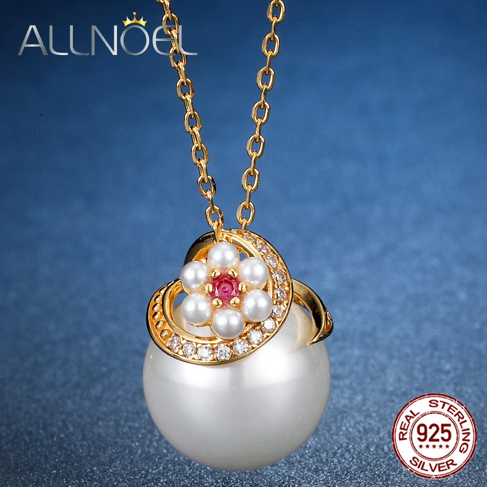 ALLNOEL Silver 925 Jewelry Real pearl Pendant Choker Necklace For Women Vingtage Designer Jewellry Red Corundum Stunning Charm (1)