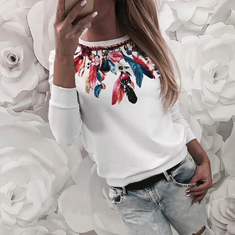 Newest Women Sweatshirt Feathers Printed O Neck Long Sleeves 2019 Autumn Winter Pullovers Tops Female Casual Sweatshirts
Newest Women Sweatshirt Feathers Printed O Neck Long Sleeves 2019 Autumn Winter Pullovers Tops Female Casual Sweatshirts